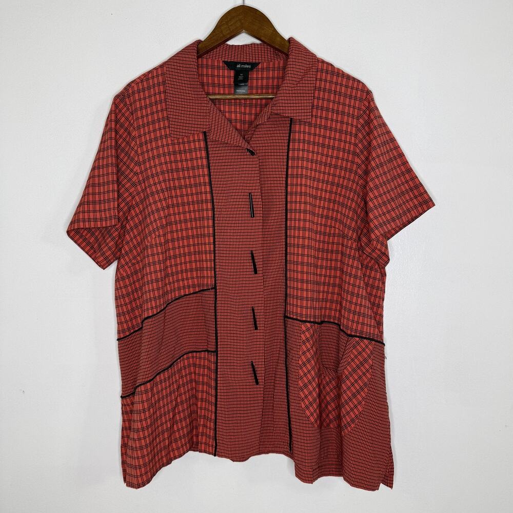 Ali Miles Shirt Womens 1X Red Black Plaid Patchwork Button Front Short Sleeve